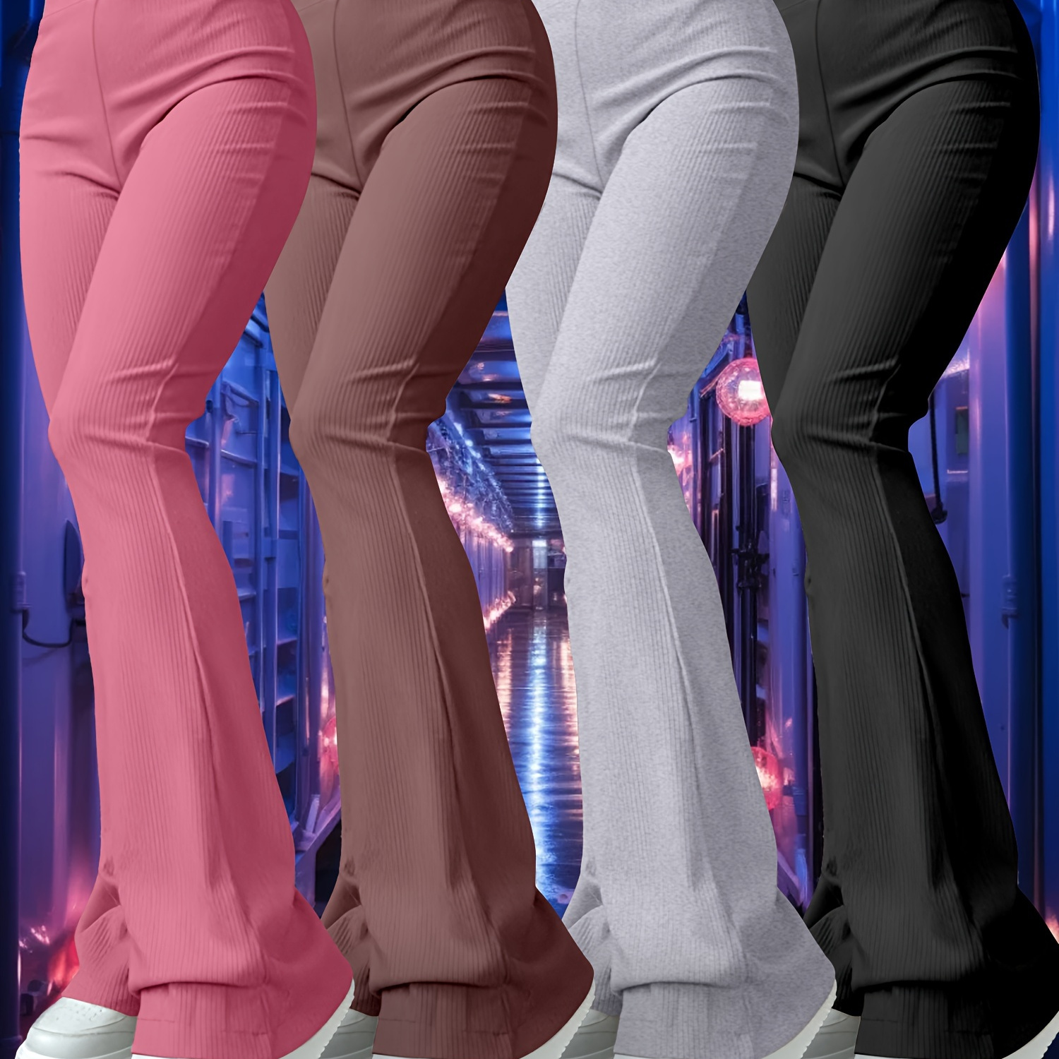 

4pcs Women's High-waist Flare Leg Pants, Polyester Spandex , Sexy Solid Color Knit Fabric, 200g/m², For