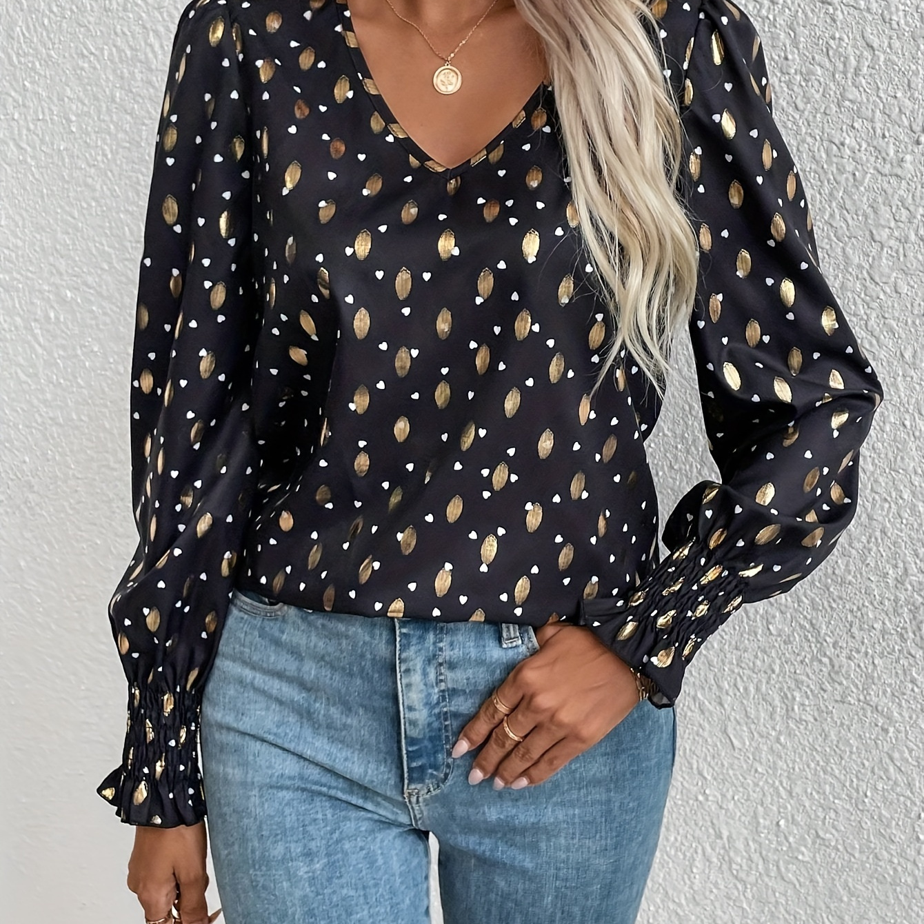 

Blouse Élégante à Imprimé Floral avec Col en V et Manches Cloche - Polyester, Lavable en Machine - Parfaite pour /Été/Automne