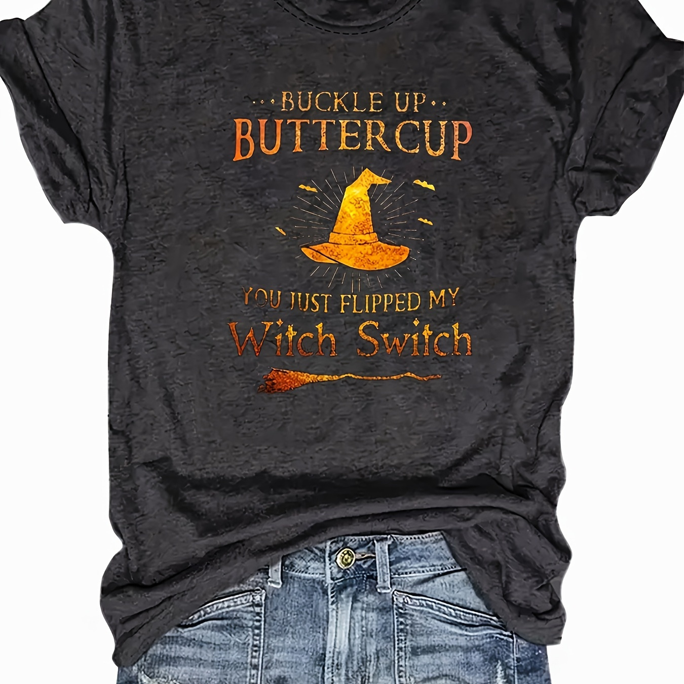 

Halloween-witch Hat-interesting English Letters-printed T-shirt-casual Everyday-soft And Comfortable-women's Shirt