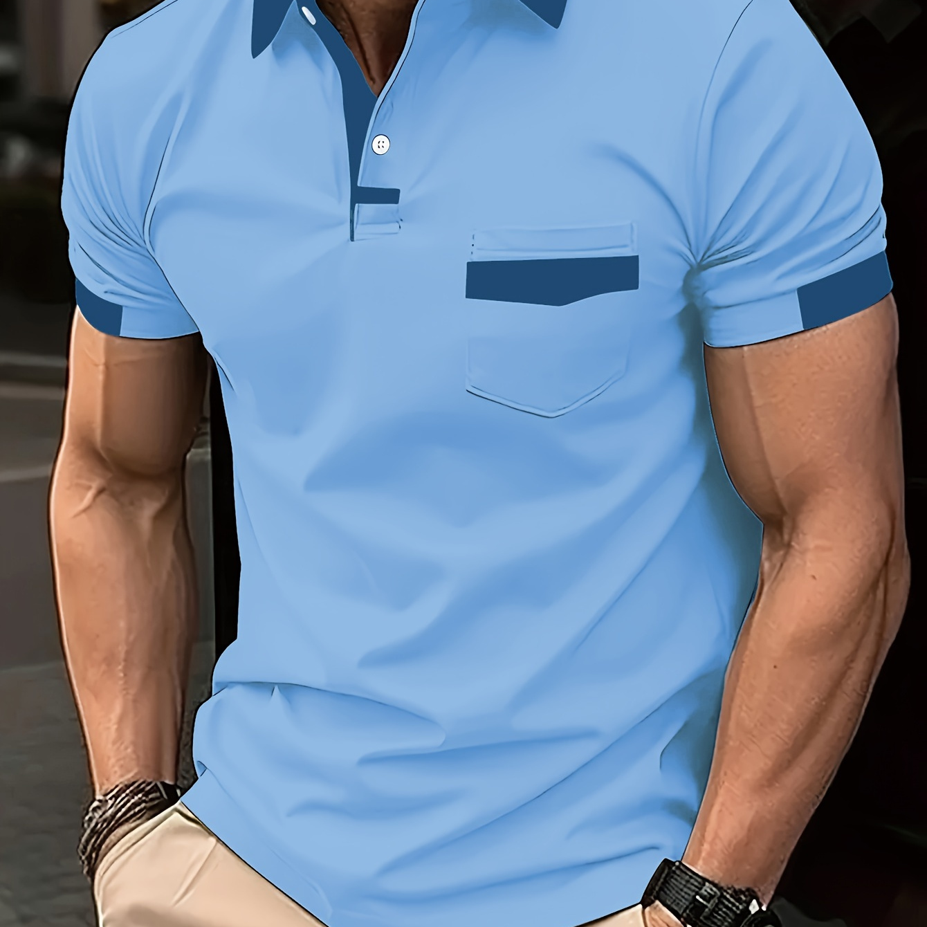 

Men's Summer Short Sleeve Lapel T-shirt, Color Splicing Print Chest Pocket Design Casual Comfy Tee As Gift