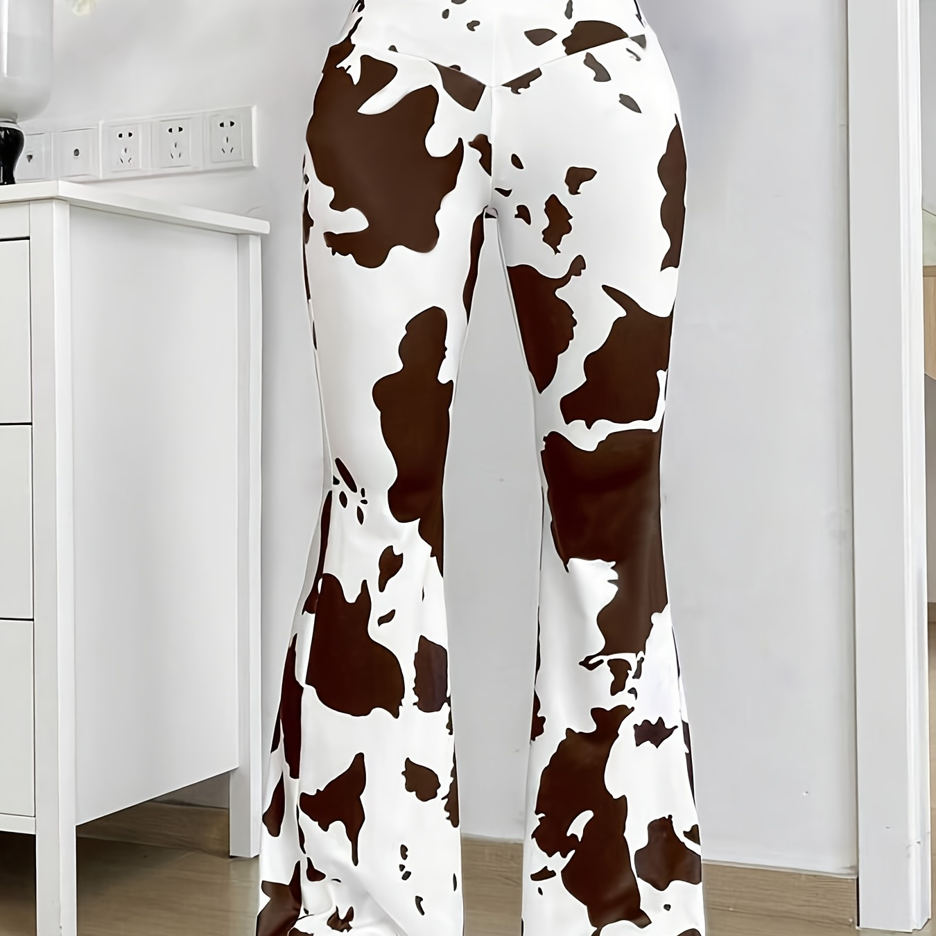 

Cow Print Flare Leg Pants, Elegant High Waist Forbidden Pants For Spring & Summer, Women's Clothing