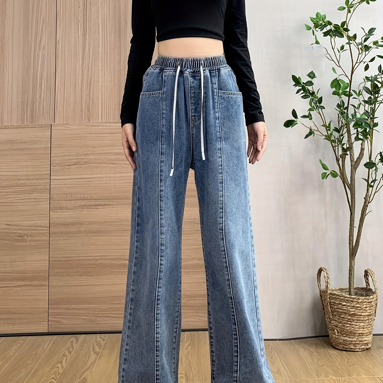 

Women's Drawstring High Waisted Straight Denim Pants With Pockets, Waist Casual Blue For Women, Non-stretch, Women's Denim Jeans & Clothing
