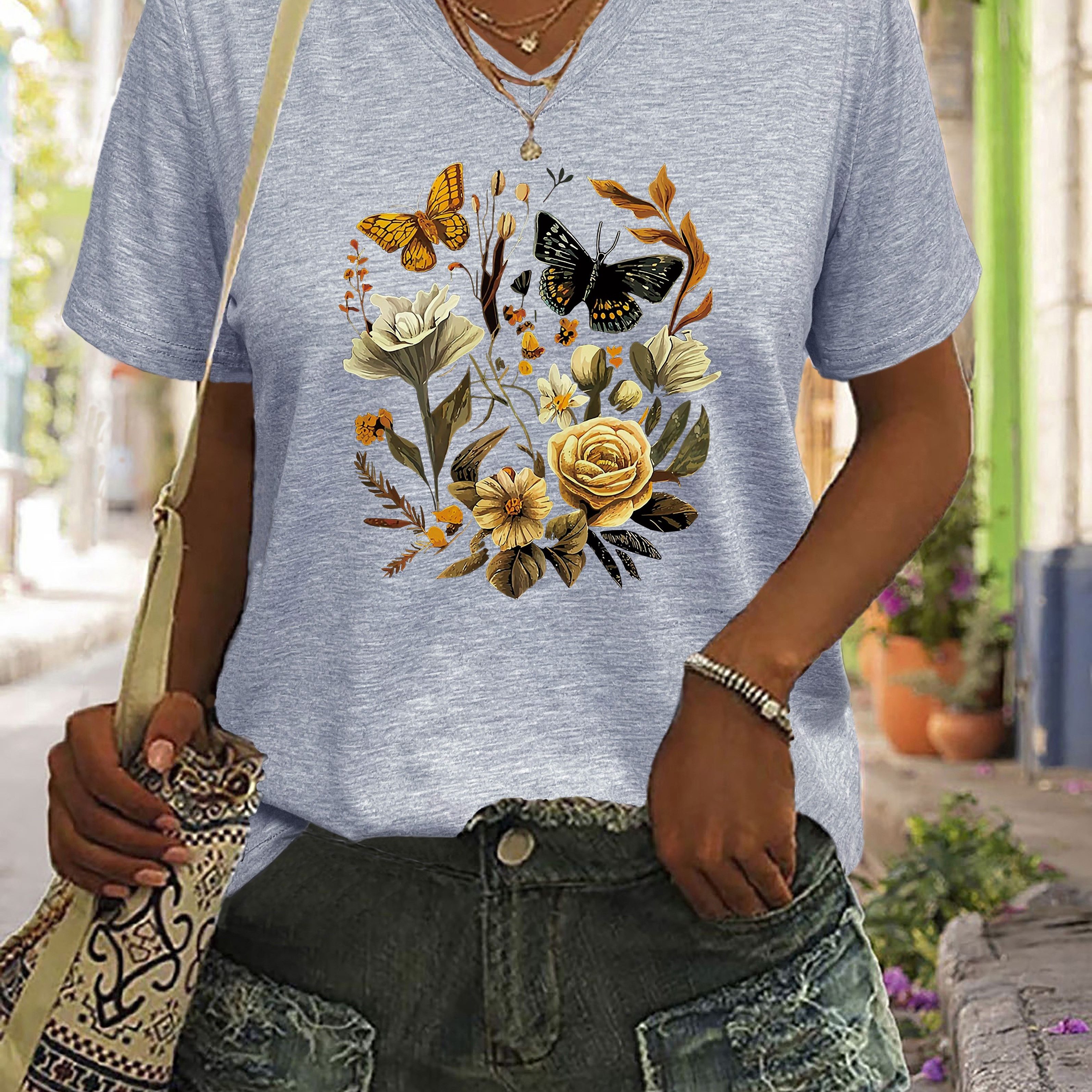 

Butterflies And Flowers Print T-shirt, Short Sleeve V-neck Casual Top For Summer & Spring, Women's Clothing