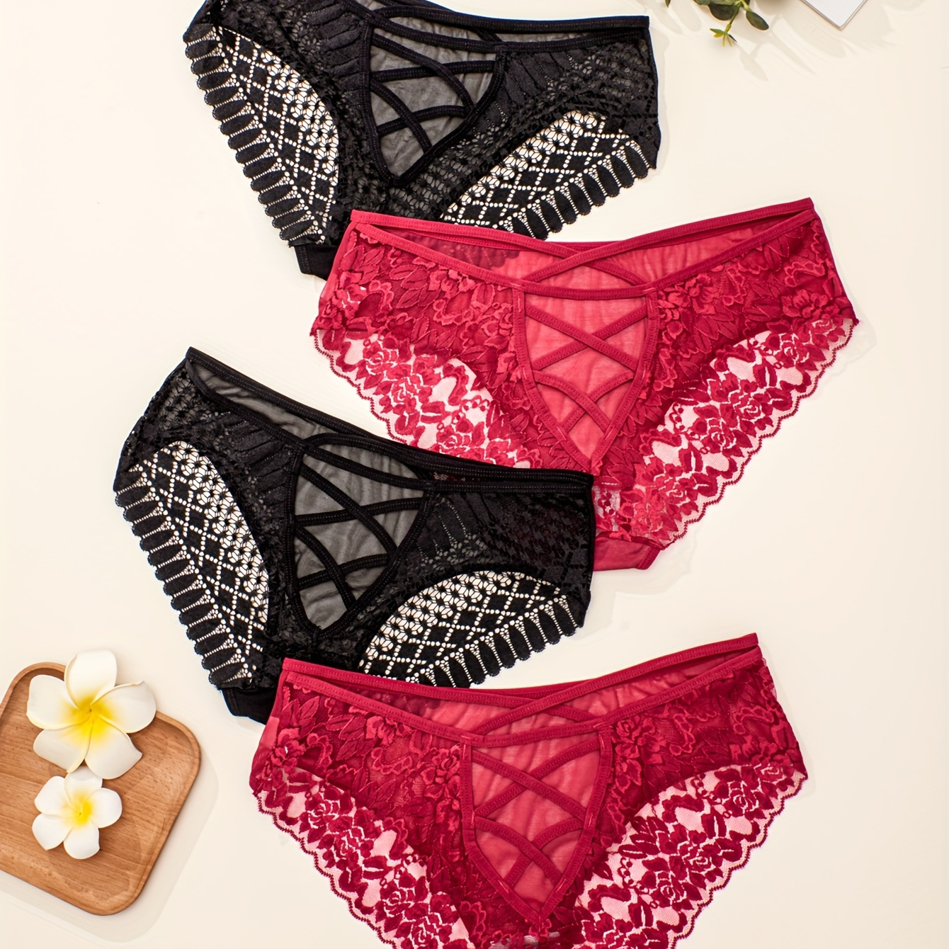 

4 Size Sexy Panties Set, Women's Plus Floral Lace Back Stretchy Briefs 4pcs Set
