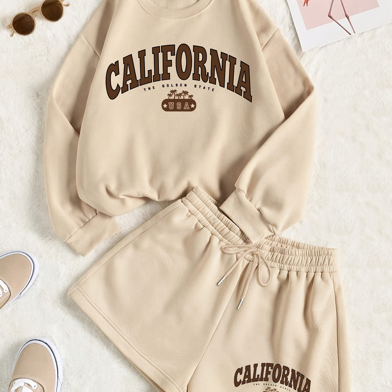 

Sporty Letter Print Lounge Set For Fall & Winter, Long Sleeve Round Neck Pullover Sweatshirt & Elastic Drawstring Shorts, Women's Loungewear