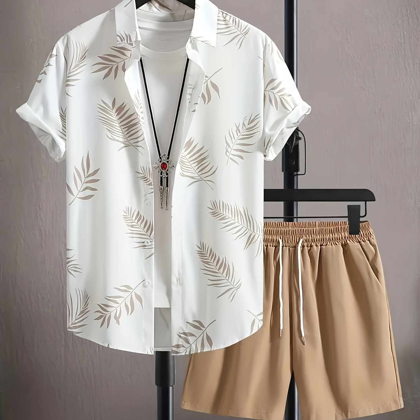 

Men's Two-piece Outfits, Leaf Print Button Up Shirt And Drawstring Plain Shorts, Casual Loose Clothing For Summer