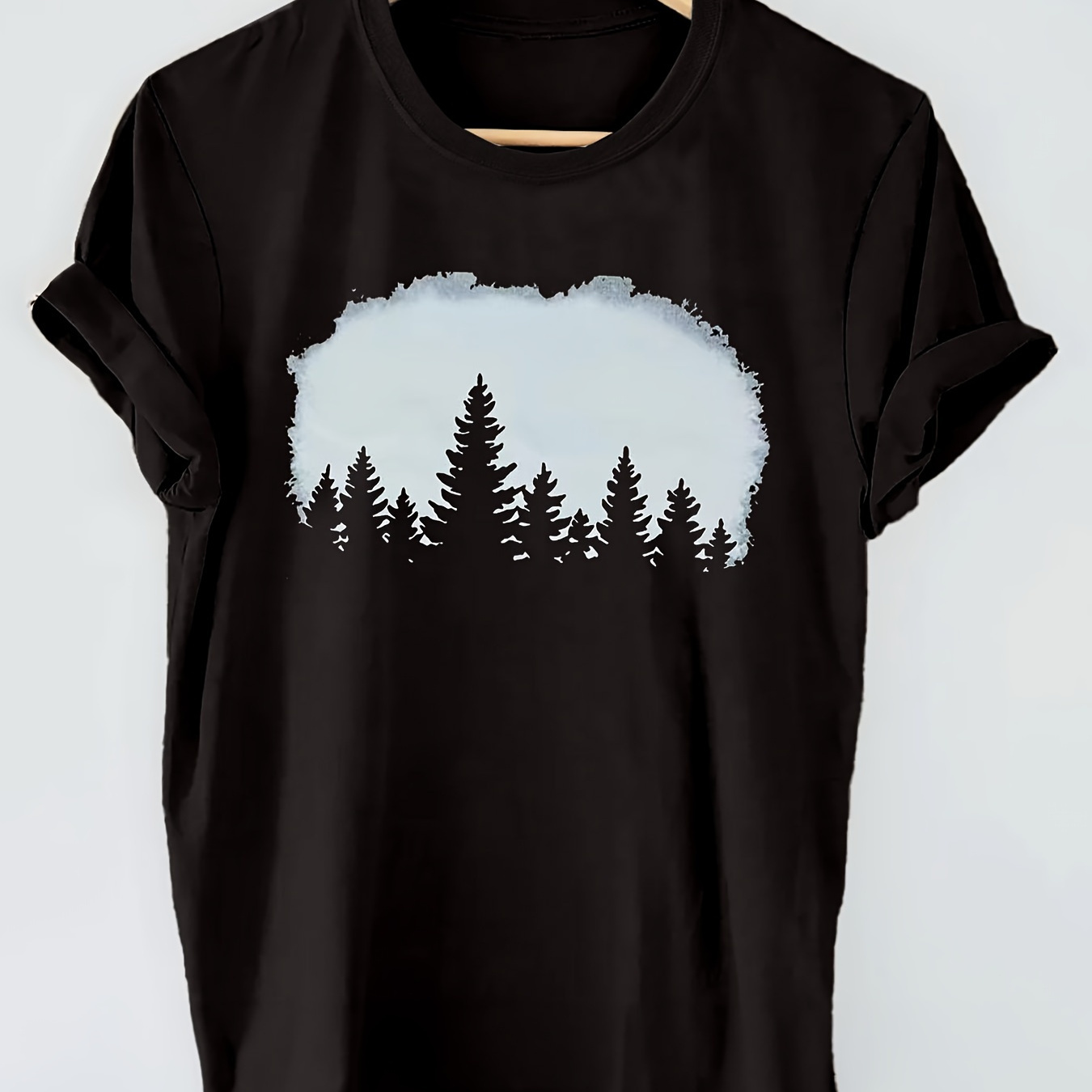 

Forest Print Crew Neck T-shirt, Short Sleeve Casual Top For Summer & Spring, Women's Clothing