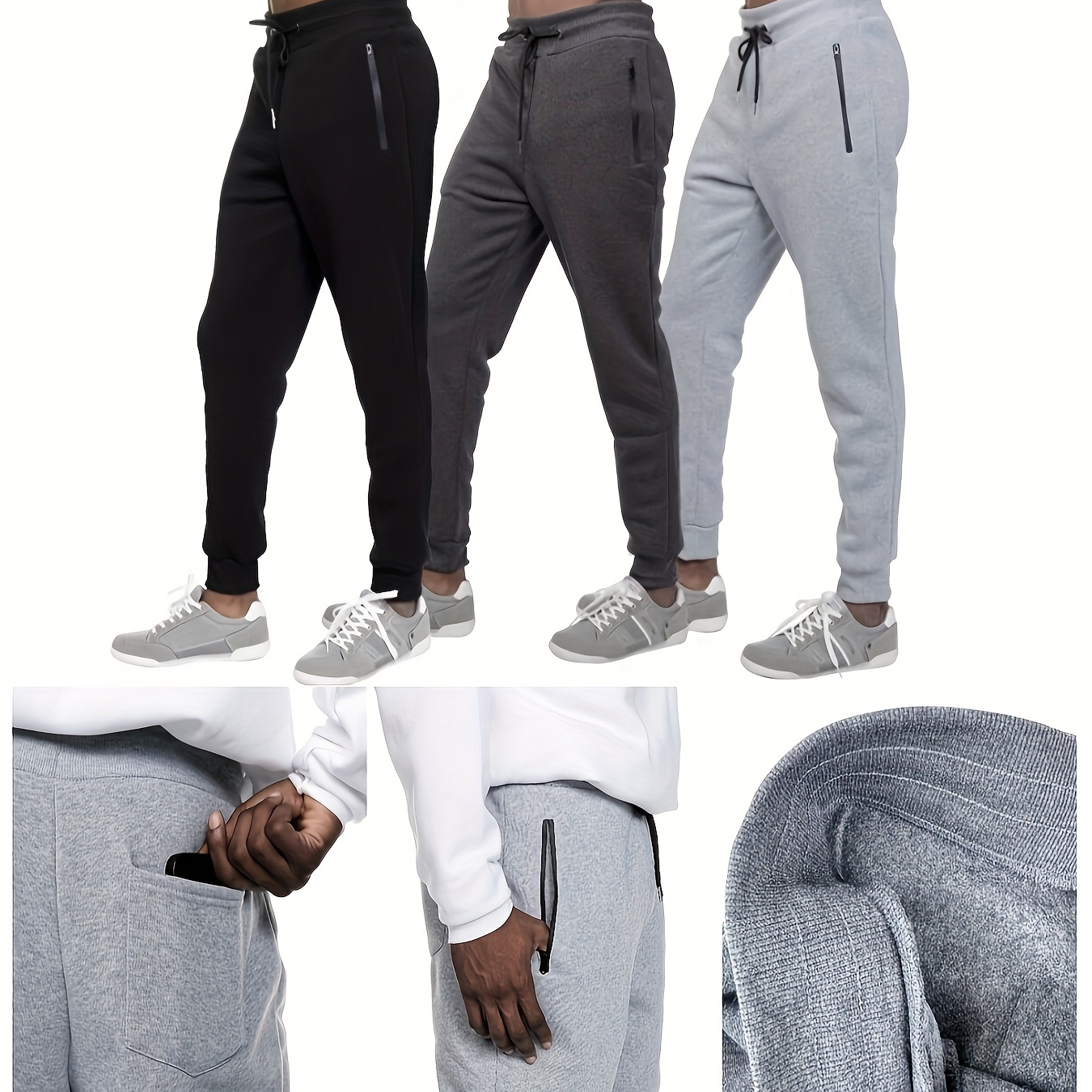 

3pcs: Men's Fleece Lined Slim Fit Men's Casual Pants Casual Fashion Athletic Workout Jogger Sweatpants Gym Running Sports Zipper Pockets For Casual Wear, Sports, Sportswear, And Loungewear S-3xl