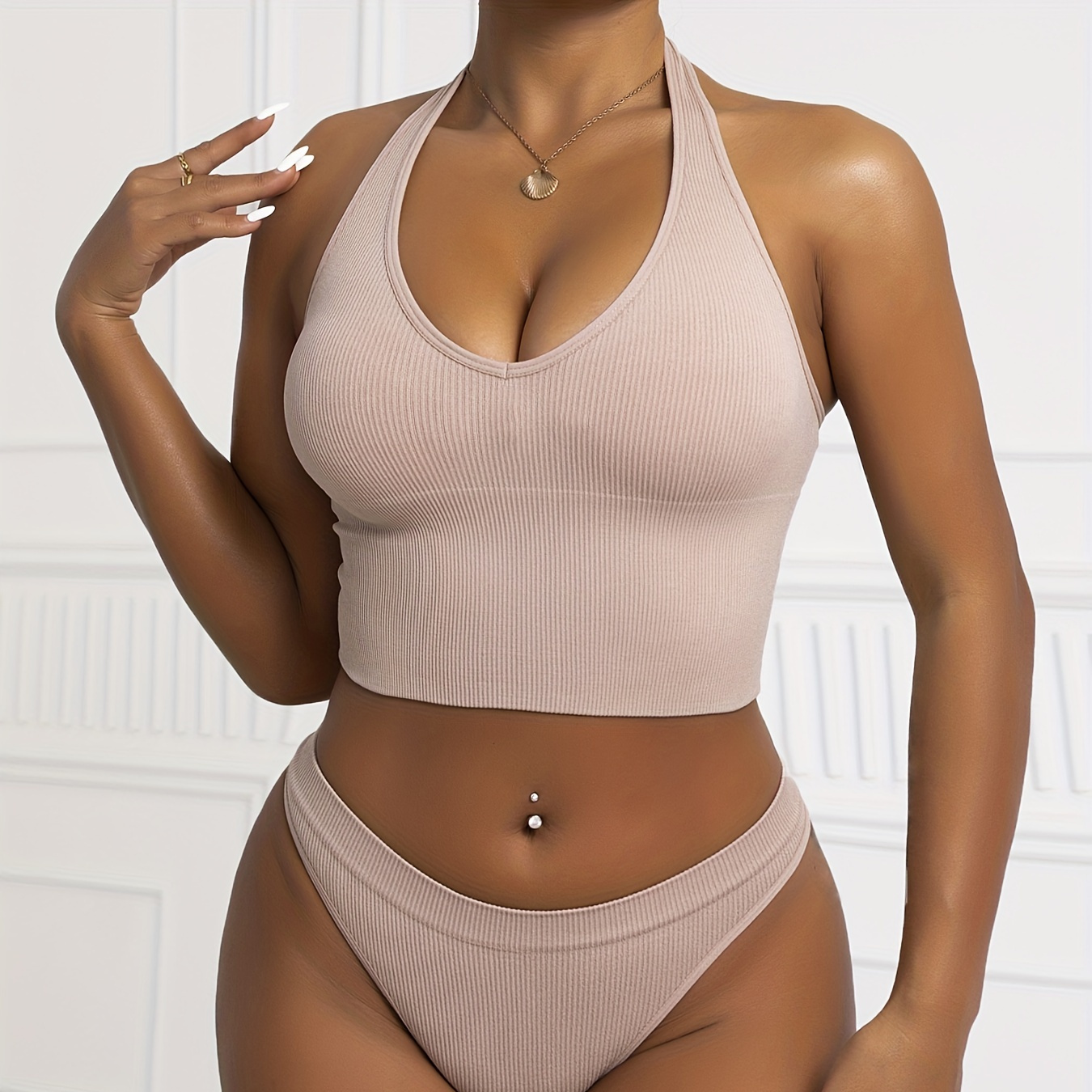 Soft Solid Seamless Casual Lingerie Set Ribbed Padded - Temu Canada