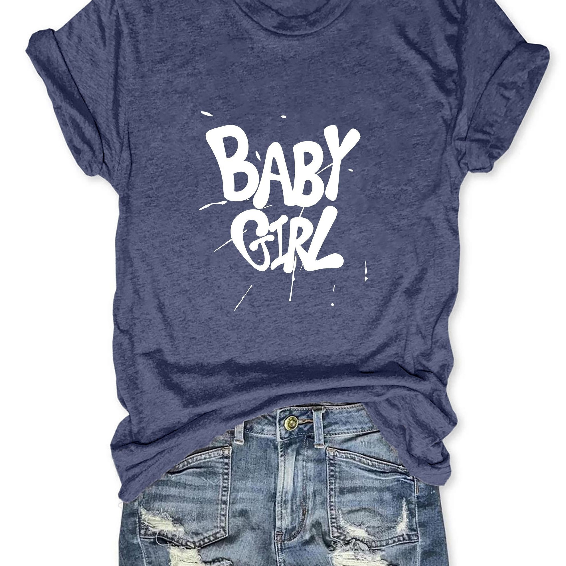 

Baby Girl Print T-shirt, Short Sleeve Crew Neck Casual Top For Summer & Spring, Women's Clothing