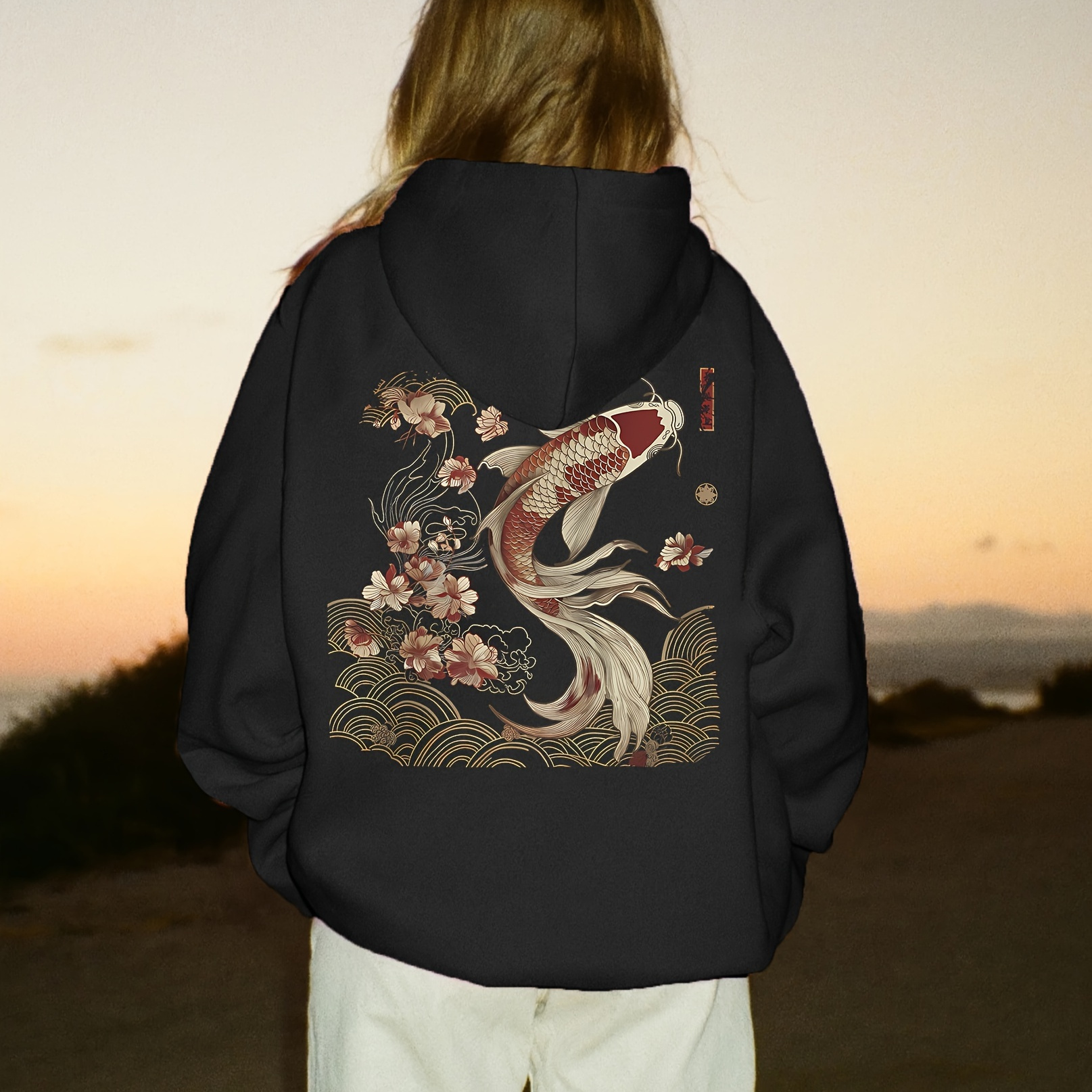 

Cozy Koi Fish Graphic Hoodie For Women - Casual Drawstring Pullover, Fall & Winter, Machine Washable