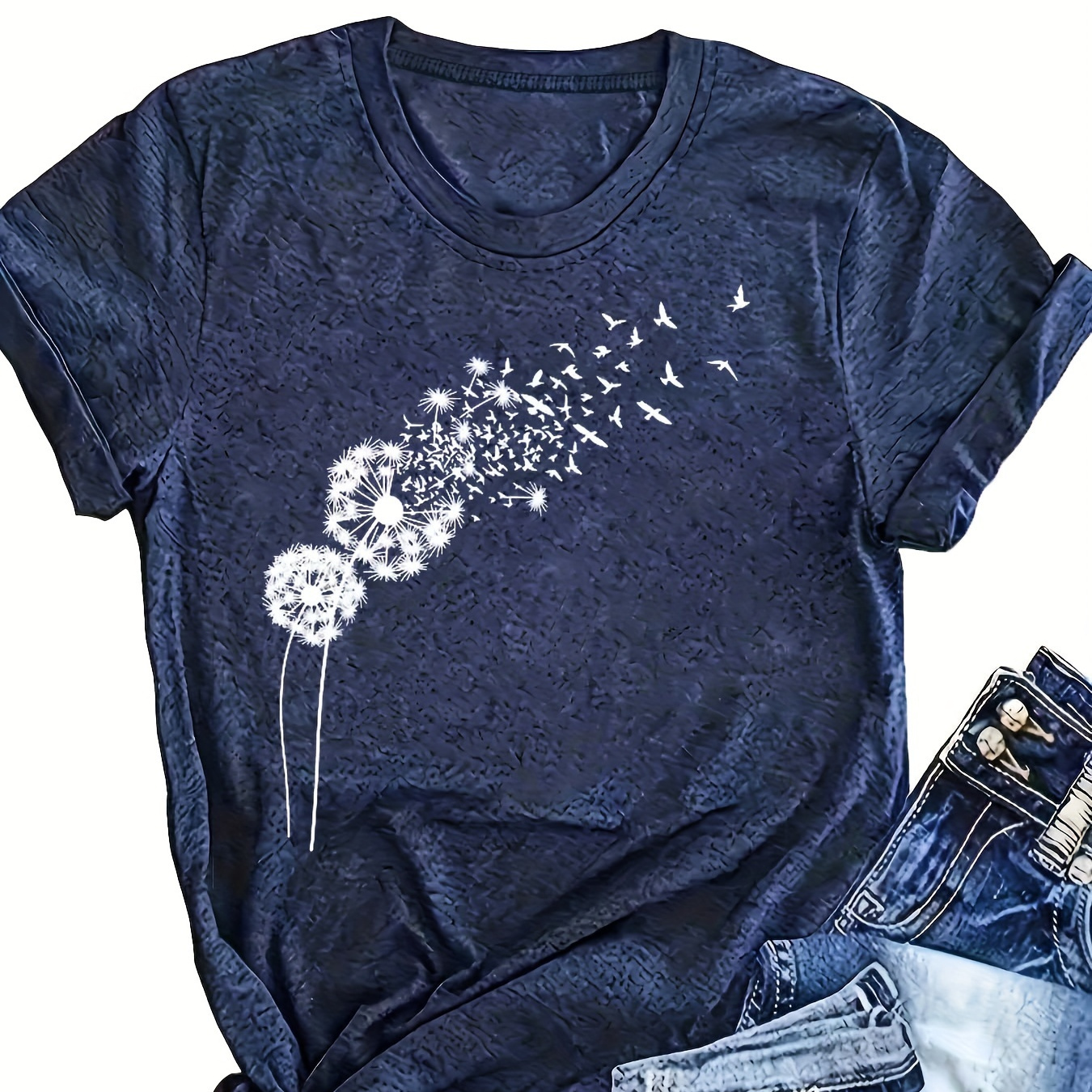 

Plus Size Casual Crew Neck T-shirt, Polyester Knit Fabric With Stretch, Geometric Dandelion Pattern, Short Sleeve Tee For Summer