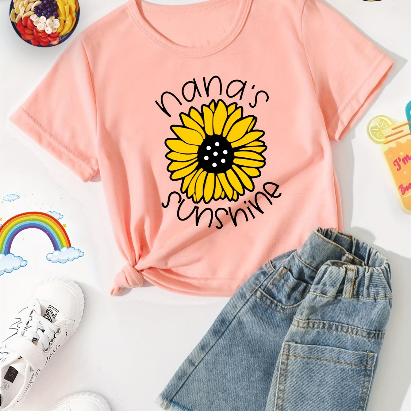 

Girls Sunflower Graphic Nana's Sunshine Print Short Sleeve T-shirt Summer Clothes Birthday Gift