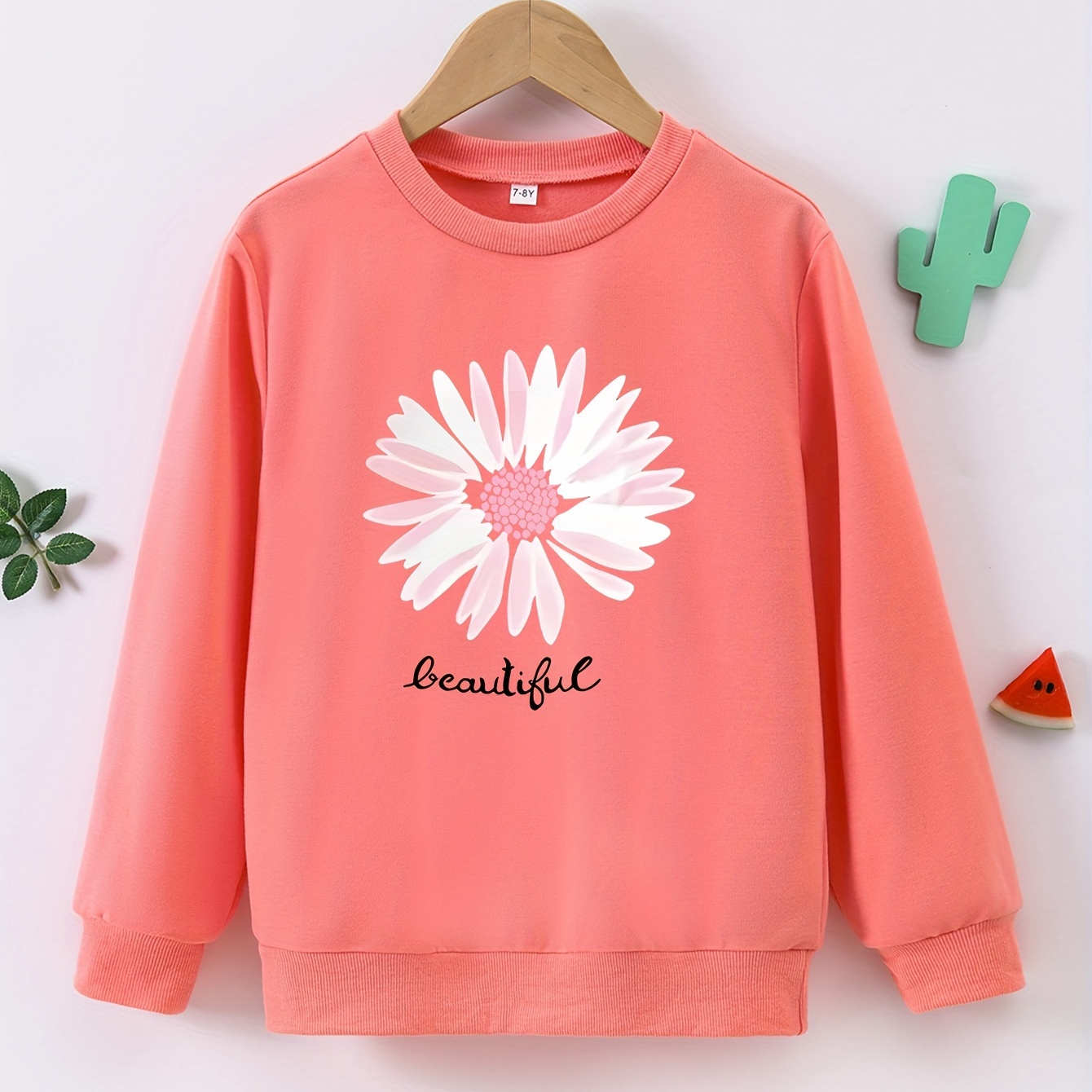 

Girls Beautiful Daisy Print Pullover Sweatshirt, Casual Thin Long Sleeve Sports Tops Sweater For Fall/ Spring, Girl Clothing