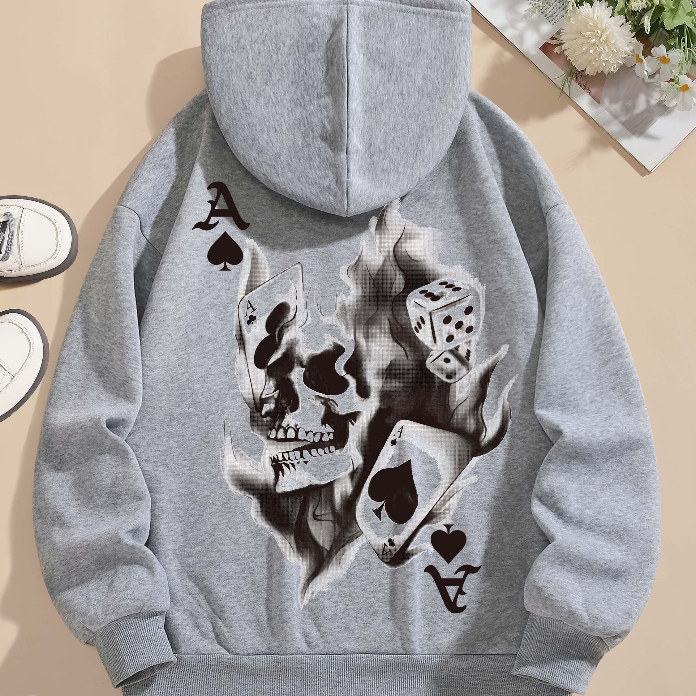 

Women's Edgy Skull & Playing Cards Graphic Hoodie - Casual White Polyester Sweatshirt With Drawstring, Machine Washable For Fall & Winter, Skull Hoodie