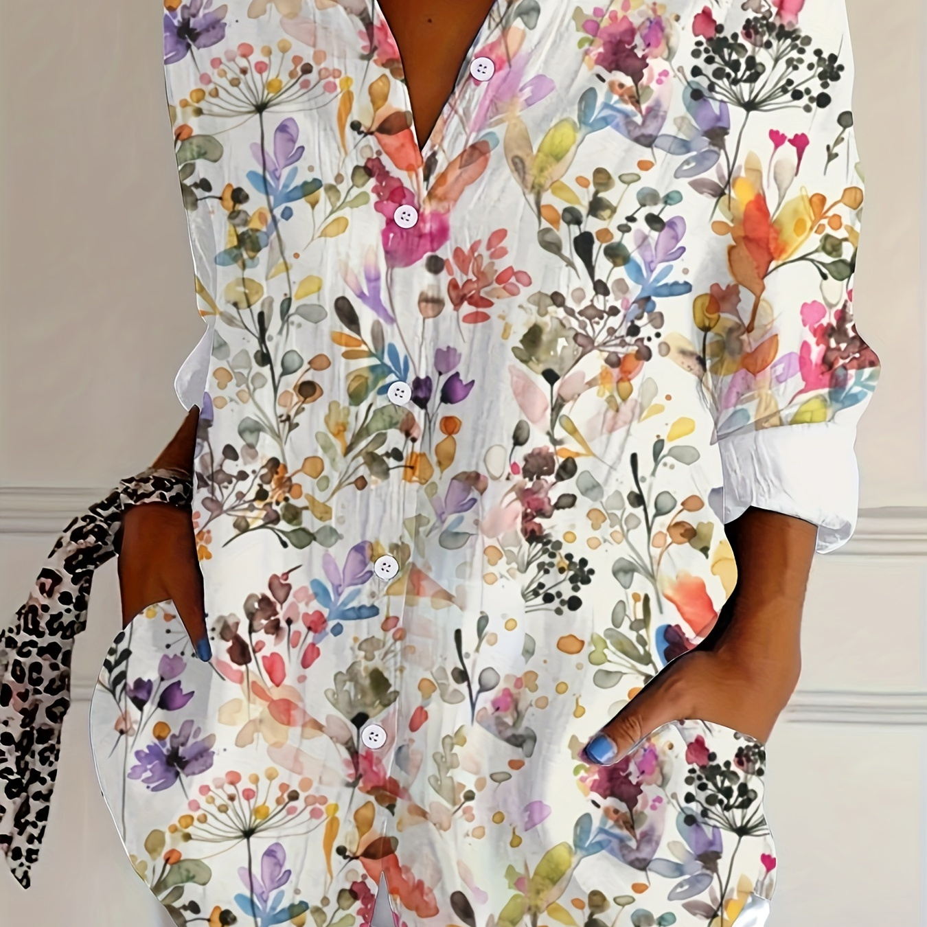 

Chemise à fleurs grande taille, chemise décontractée à manches longues et à col boutonné, vêtements grande taille pour femmes