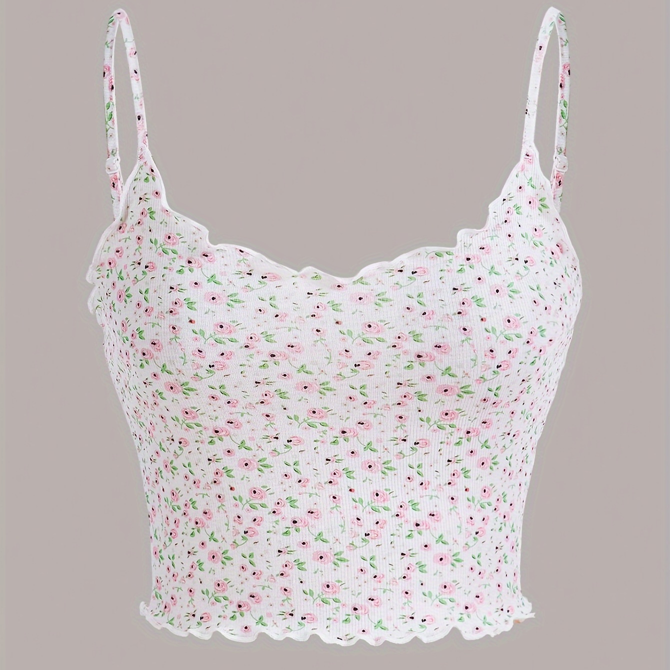

Floral Print Lettuce Trim Cami Top, Sexy Backless Spaghetti Strap Top For Spring & Summer, Women's Clothing
