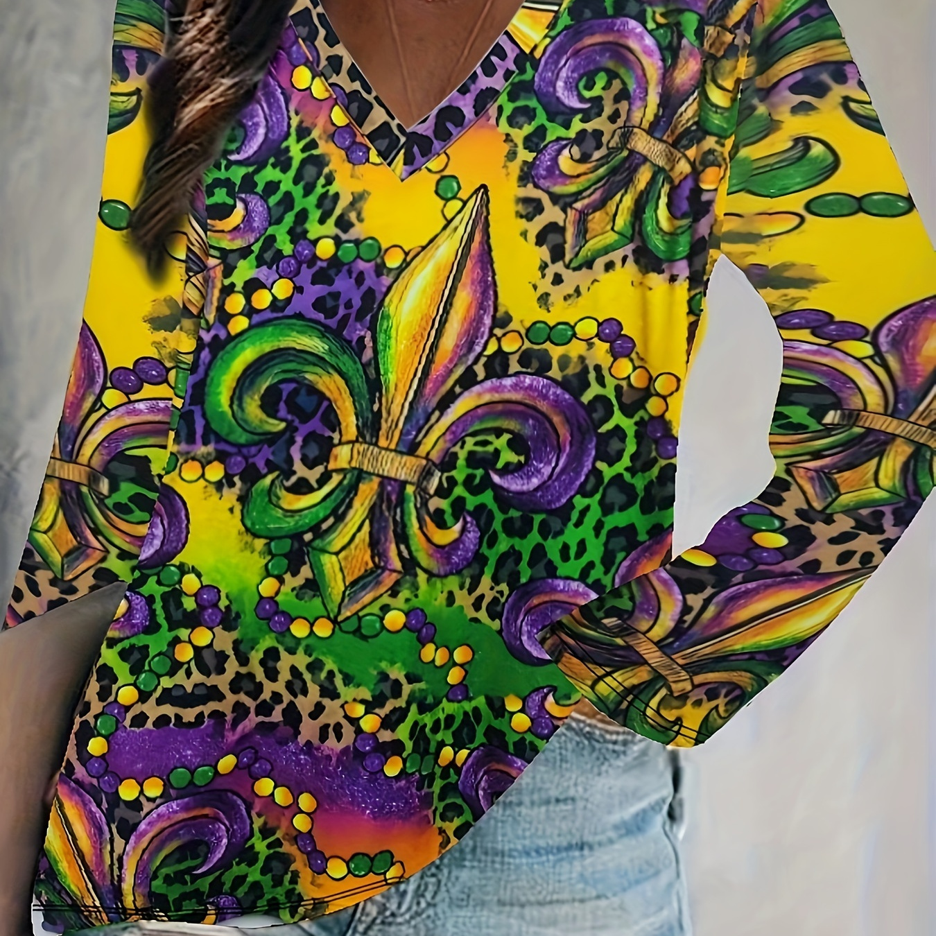 

Plus Size Mardi Print T-shirt, Casual V Neck Long Sleeve T-shirt, Women's Plus Size clothing