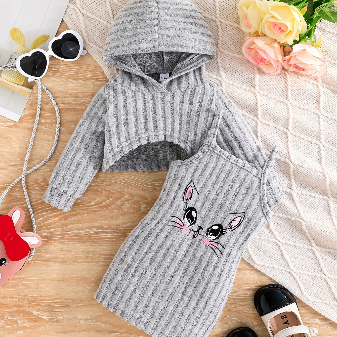 

2pcs Baby's Stylish Cat Print Ribbed Sundress & Solid Color Hoodie, Toddler & Infant Girl's Clothing Set For Spring Fall