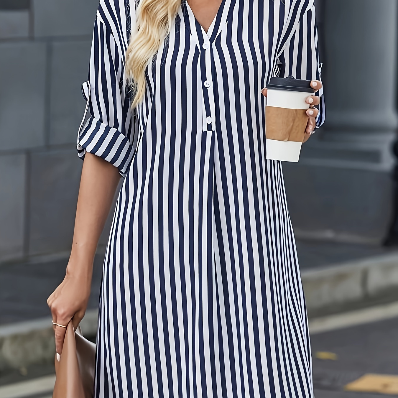 

Striped Print Button V Neck Dress, Casual Long Sleeve Dress Dress For Spring & Summer, Women's Clothing