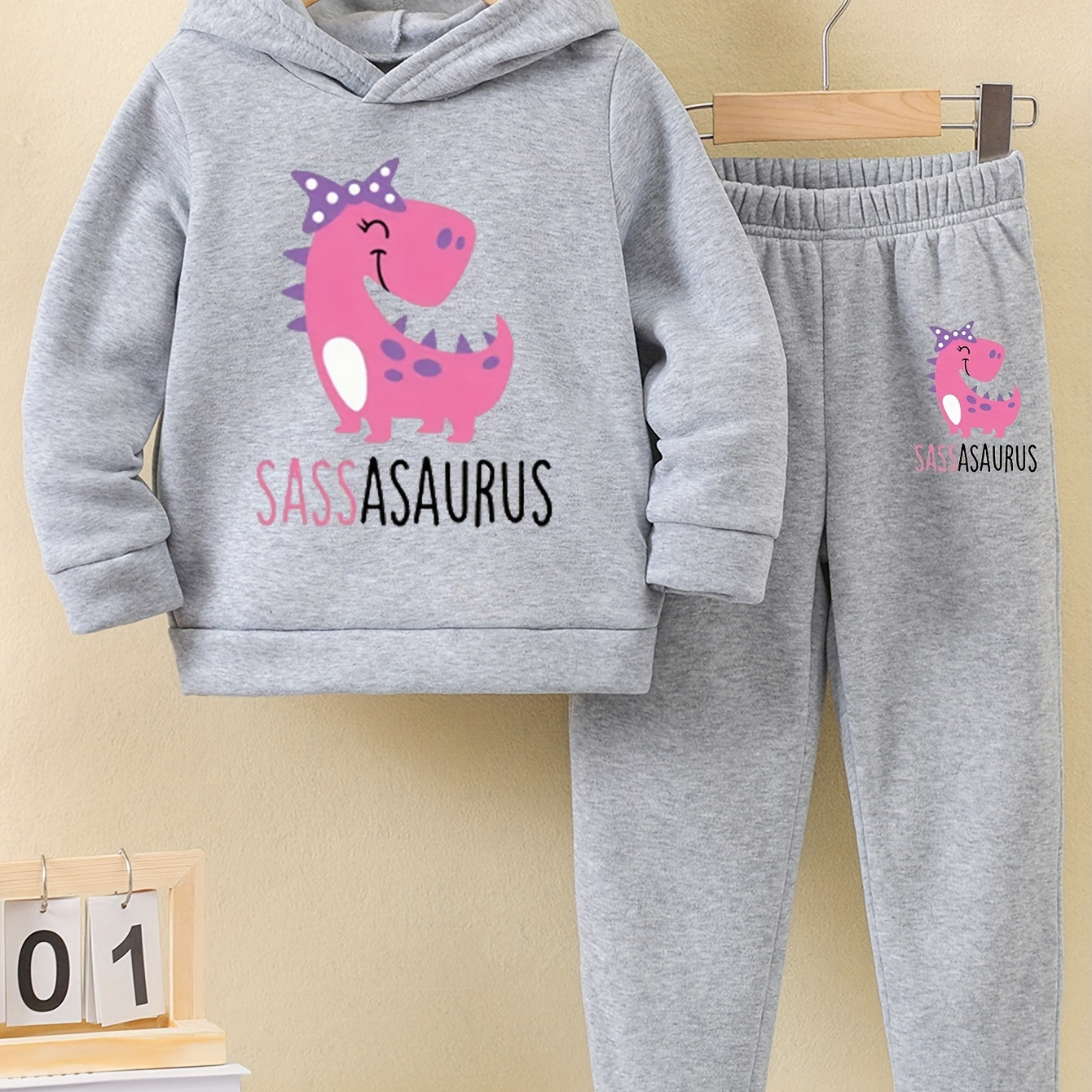 

Cartoon Dinosaur Sassasaurus Graphic Print, Girl's Casual 2 Pcs Co-ord Set, Round Neck Long Sleeve Warm Fleece Hoodie & Comfy Versatile Sweatpants, Ideal For Daily And Outdoor Wear, Fall And Winter