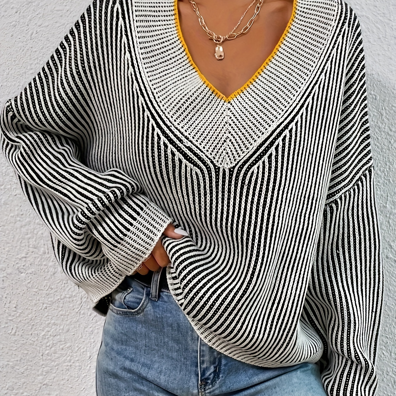 

Striped V Neck Loose Sweater, Casual Long Sleeve Sweater For Fall & Winter, Women's Clothing