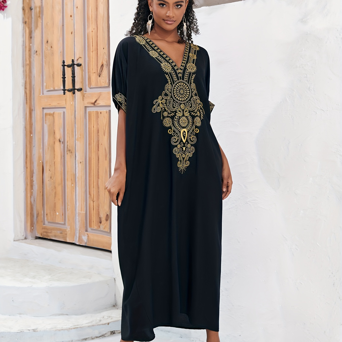 

Kaftan Dresses For Women Embroidery Large Embroidered Edge Short Sleeve V-neck Swimsuit Cover Up Casual Vacation Robe Ethnic Home Dress Solid Color Kaftan