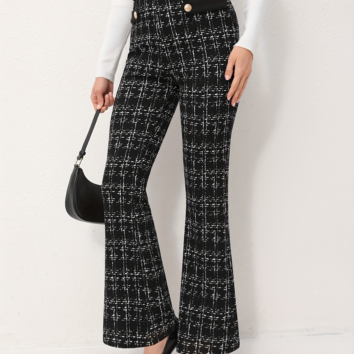 

Elegant Polyester Flare Leg Pants For Women, 100% Polyester Knit Fabric, Long Length Trousers With Button Detail And Printed Pattern