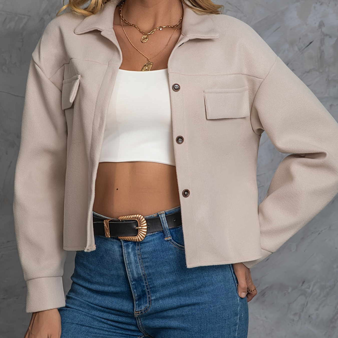 

Button Front Drop Shoulder Jacket, Casual Long Sleeve Jacket, Women's Clothing