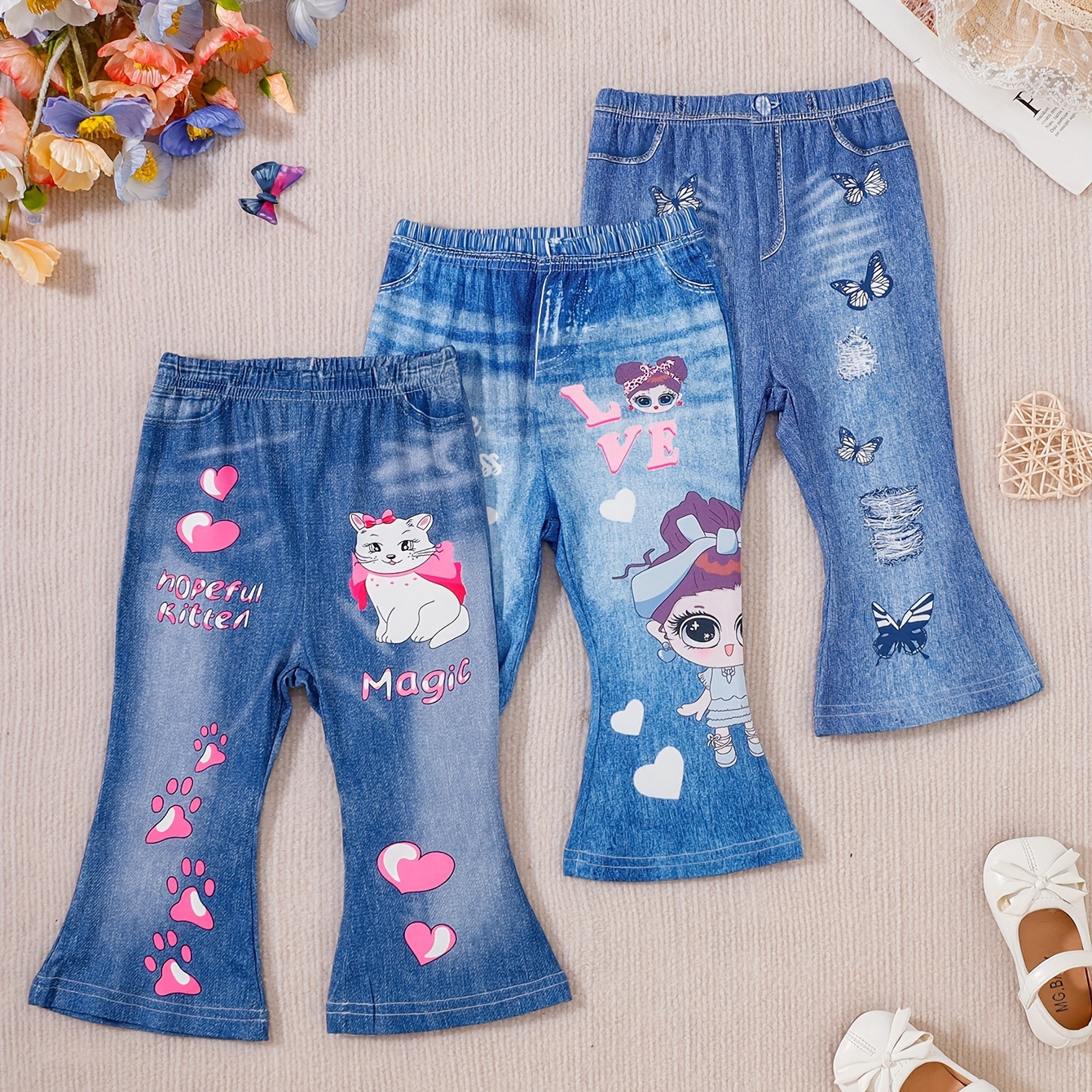 

3pcs Baby's Faux Denim Pattern Flared Pants, Cartoon Butterfly & Heart & Girl Print Casual Elastic Waist Trousers, Infant & Toddler Girl's Clothing