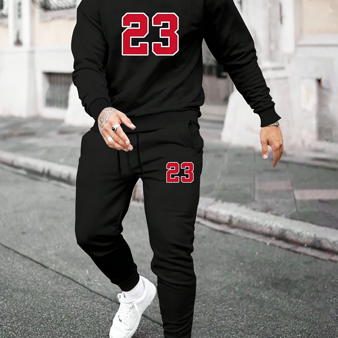 

2pcs Number 23 Print Men's Outfit Trend Clothing Printed Sweatshirt Trousers Sweatshirt And Jogger Pants Set