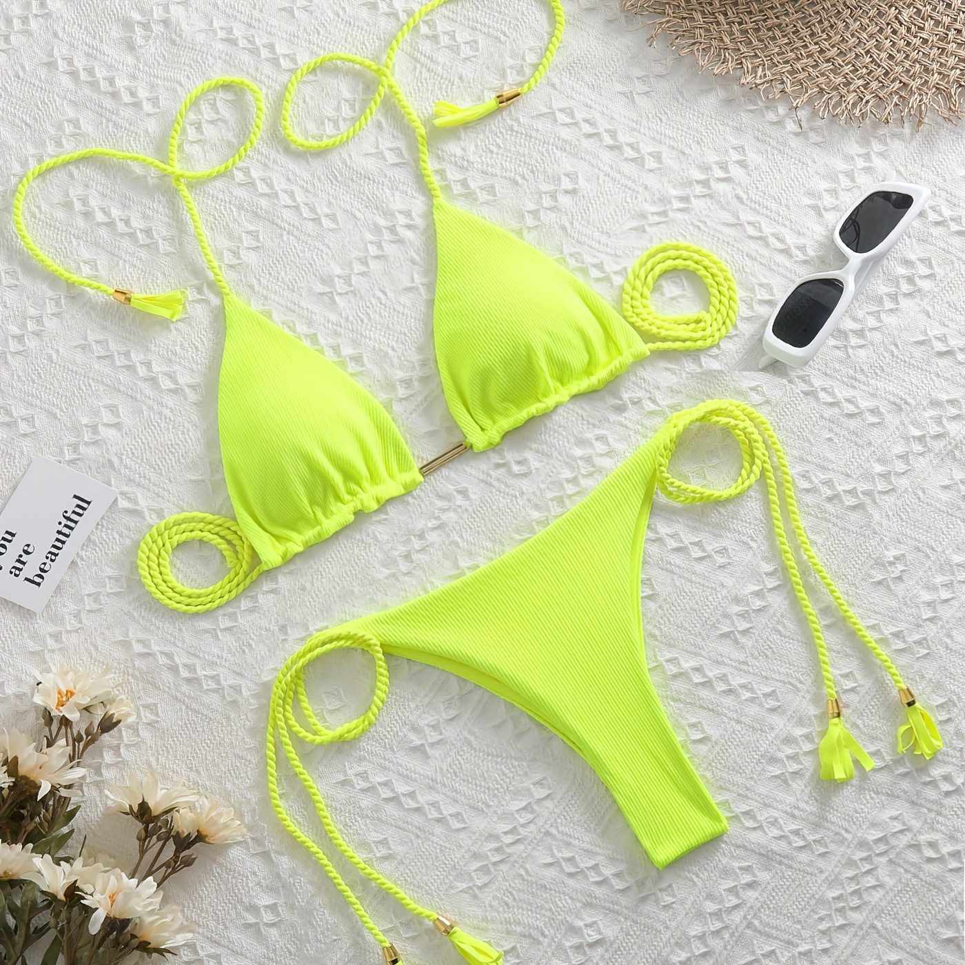 

Solid Color Triangle 2 Piece Set Bikini, Halter Neck High Cut Tie Side Swimsuits, Women's Swimwear & Clothing