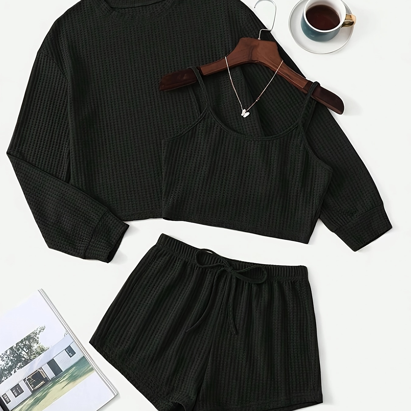 

Women' Waffle Set, Long Sleeve Top & Cami Top & Shorts, Comfortable Relaxed Fit For Fall