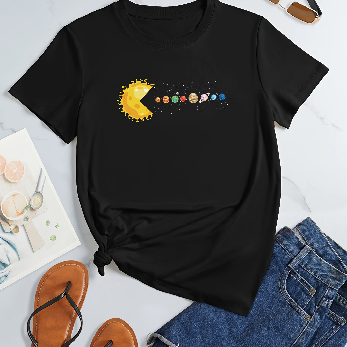 

Solar System Planet Print T-shirt, Casual Crew Neck Short Sleeve Top For Spring & Summer, Women's Clothing