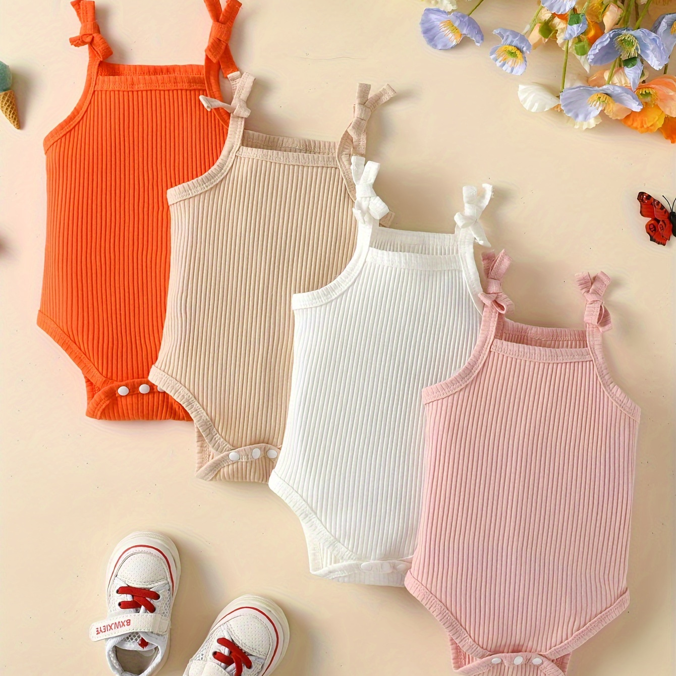 

4pcs Baby's Solid Color Ribbed Triangle Bodysuit, Casual Sleeveless Cotton Romper, Toddler & Infant Girl's Onesie For Summer, As Gift