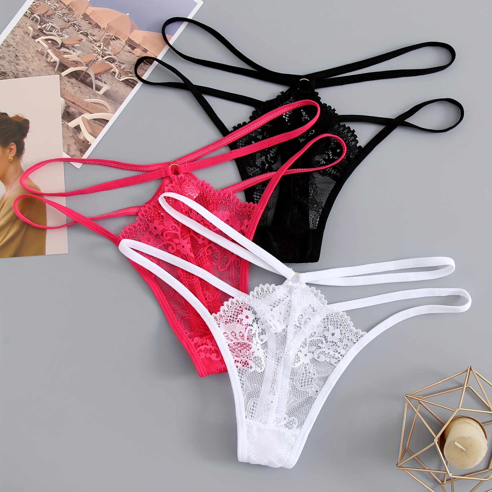 

3pcs Cut-out Lace Thongs, Semi Sheer Thin Belt Intimates Panties, Women's Lingerie & Underwear