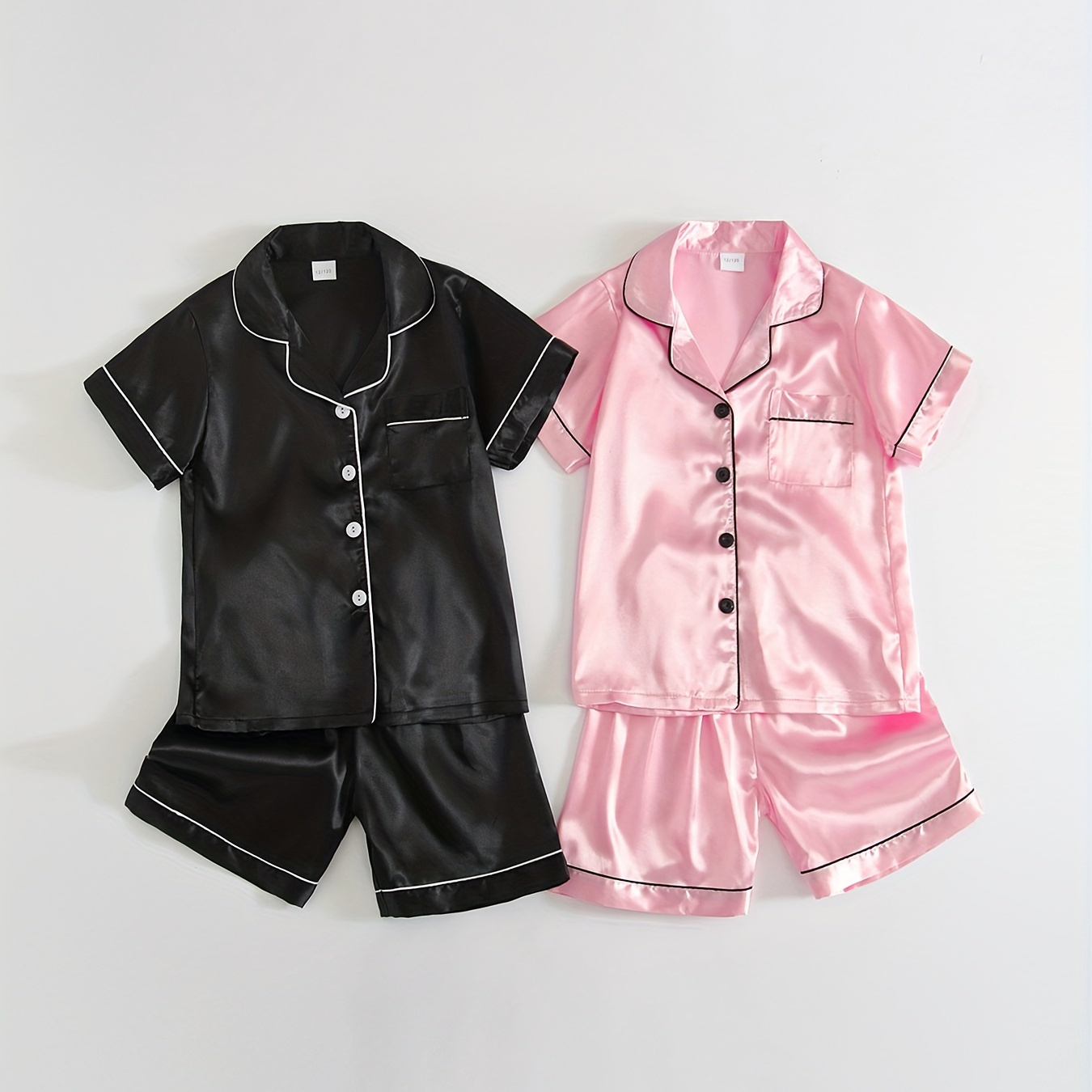 

2-pack Girls Pajama Sets Solid Color Lapel Front Chest Pocket Short Sleeve Top & Matching Shorts Casual Pj Sets