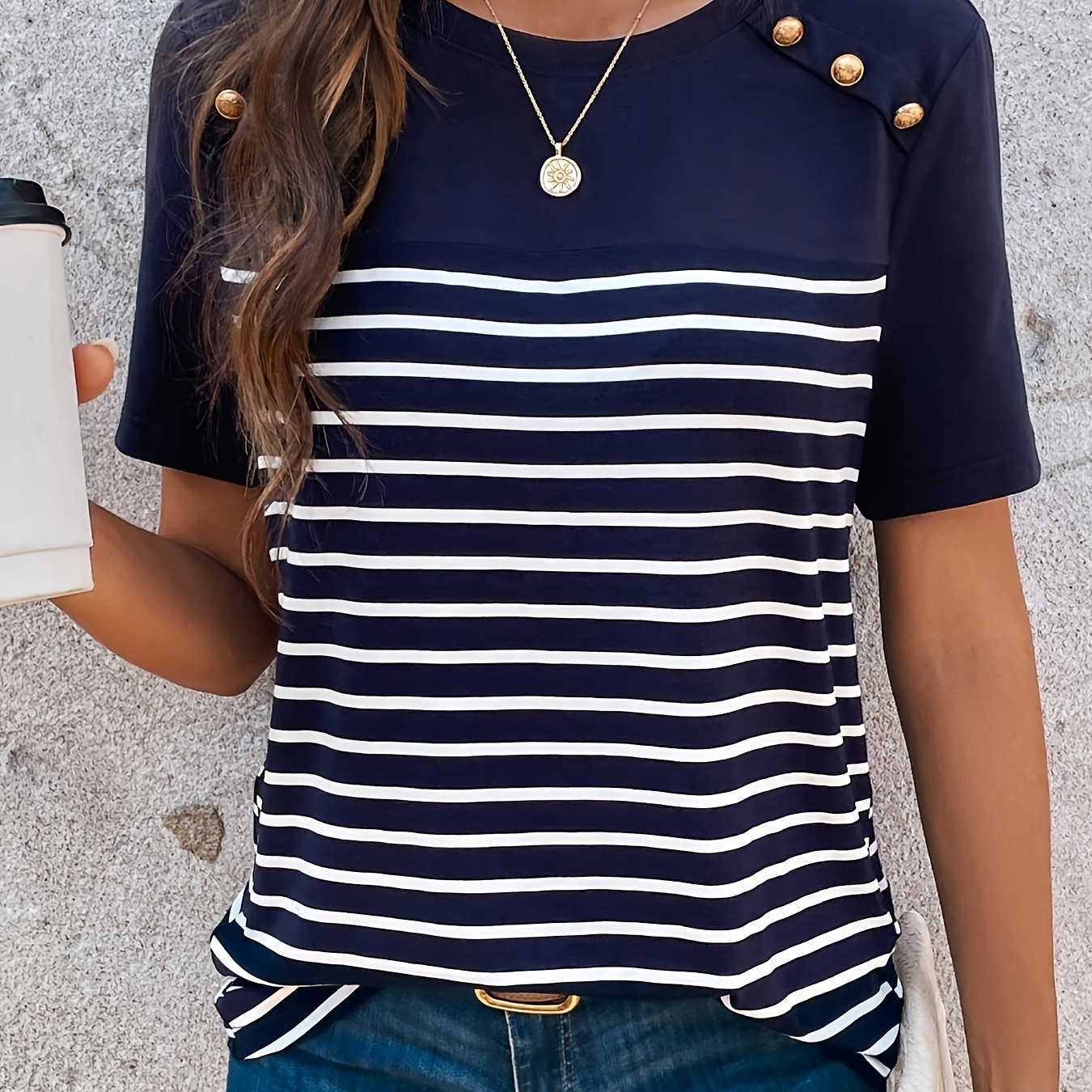 

Striped Print Crew Neck T-shirt, Casual Short Sleeve T-shirt For Spring & Summer, Women's Clothing