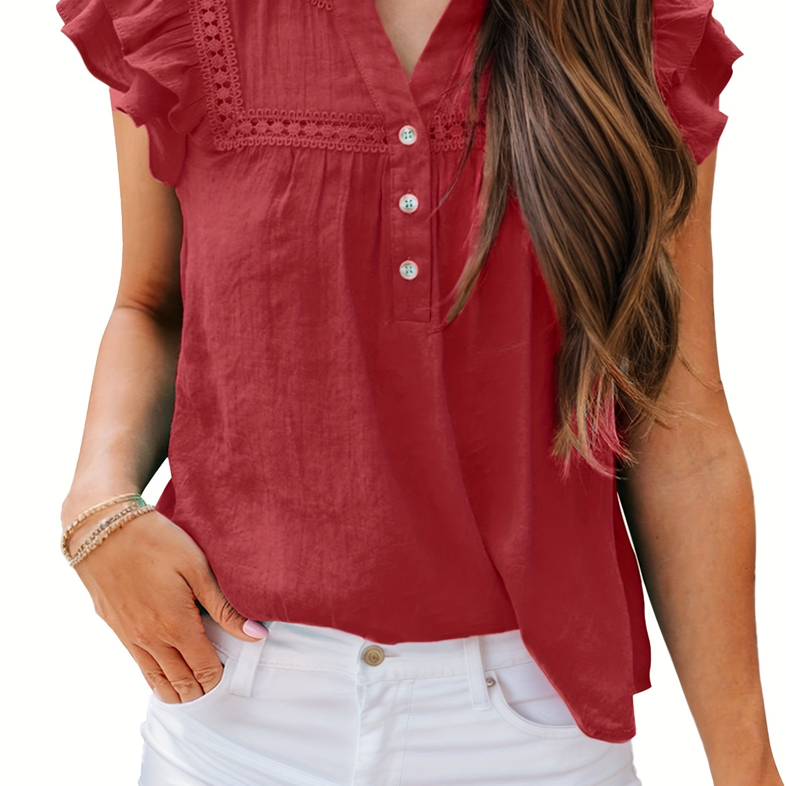 

Solid Button Decor Notched Neck Blouse, Casual Button Front Ruffle Sleeve Blouse For Spring & Summer, Women's Clothing