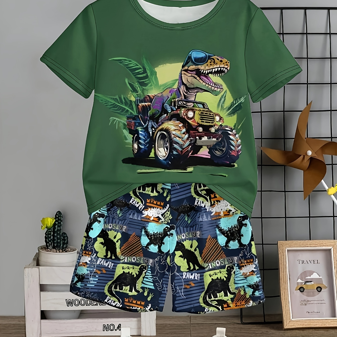 

Boys 2-piece Casual Outfit Set, Tropical Rainforest And Dino Print Versatile Short Sleeve Tee With Shorts, Comfy Summer Clothes