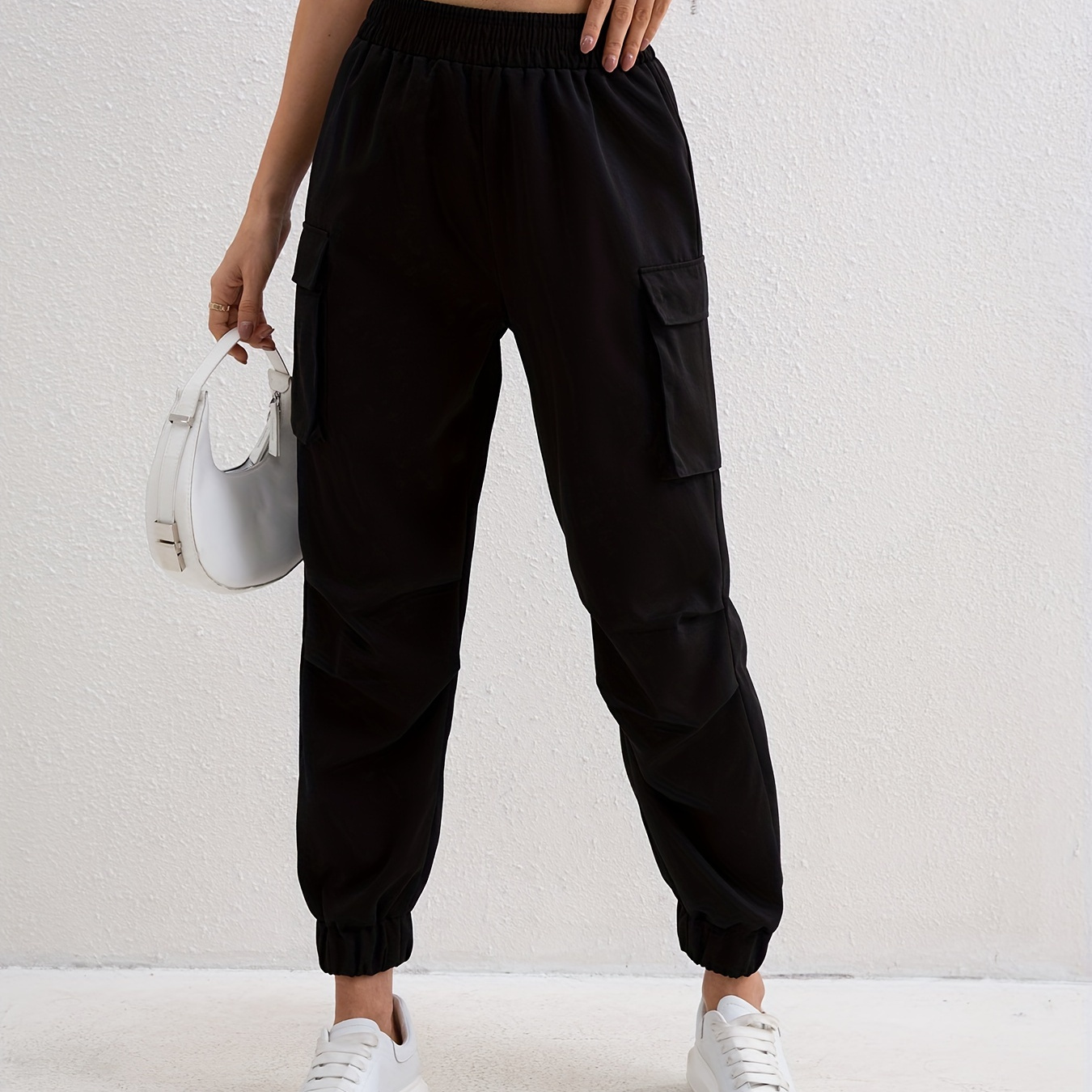 

Women's Elastic Waist Casual Cargo Joggers Pants With Pockets, Solid Color Pocket Running Overalls, Women's Athleisure