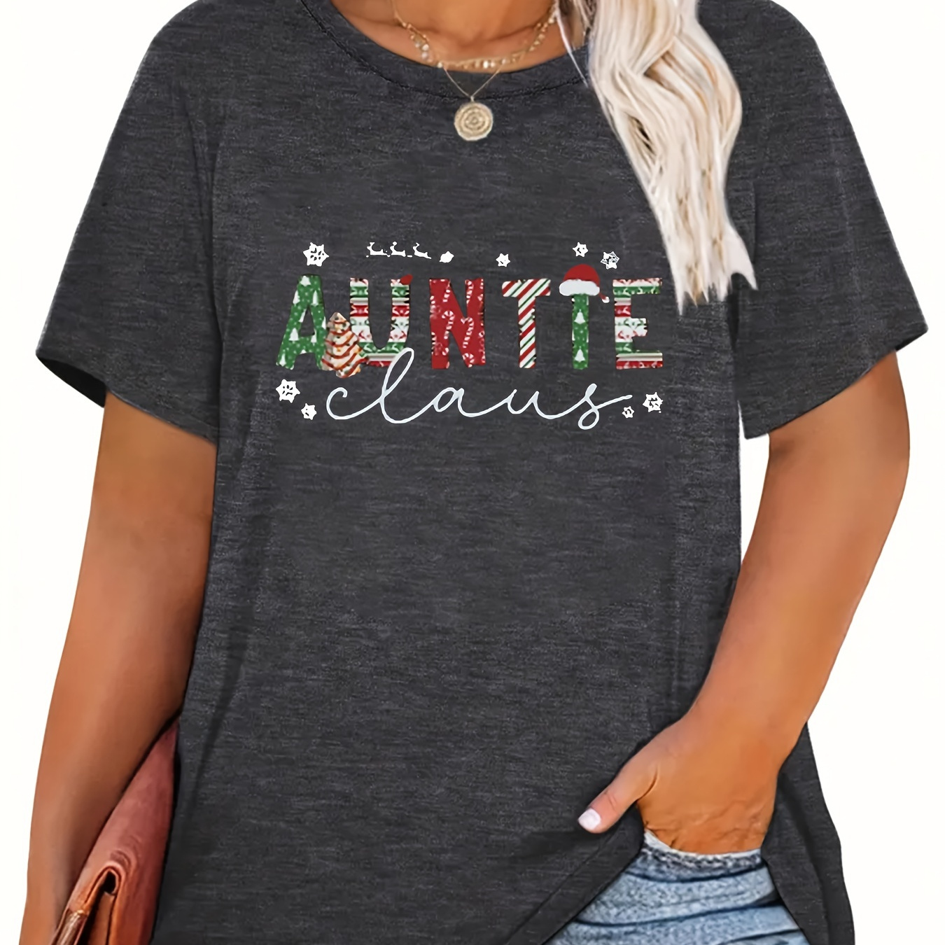 

Plus Size Christmas Auntie Print T-shirt, Casual Crew Neck Short Sleeve Top, Women's Plus Size Clothing