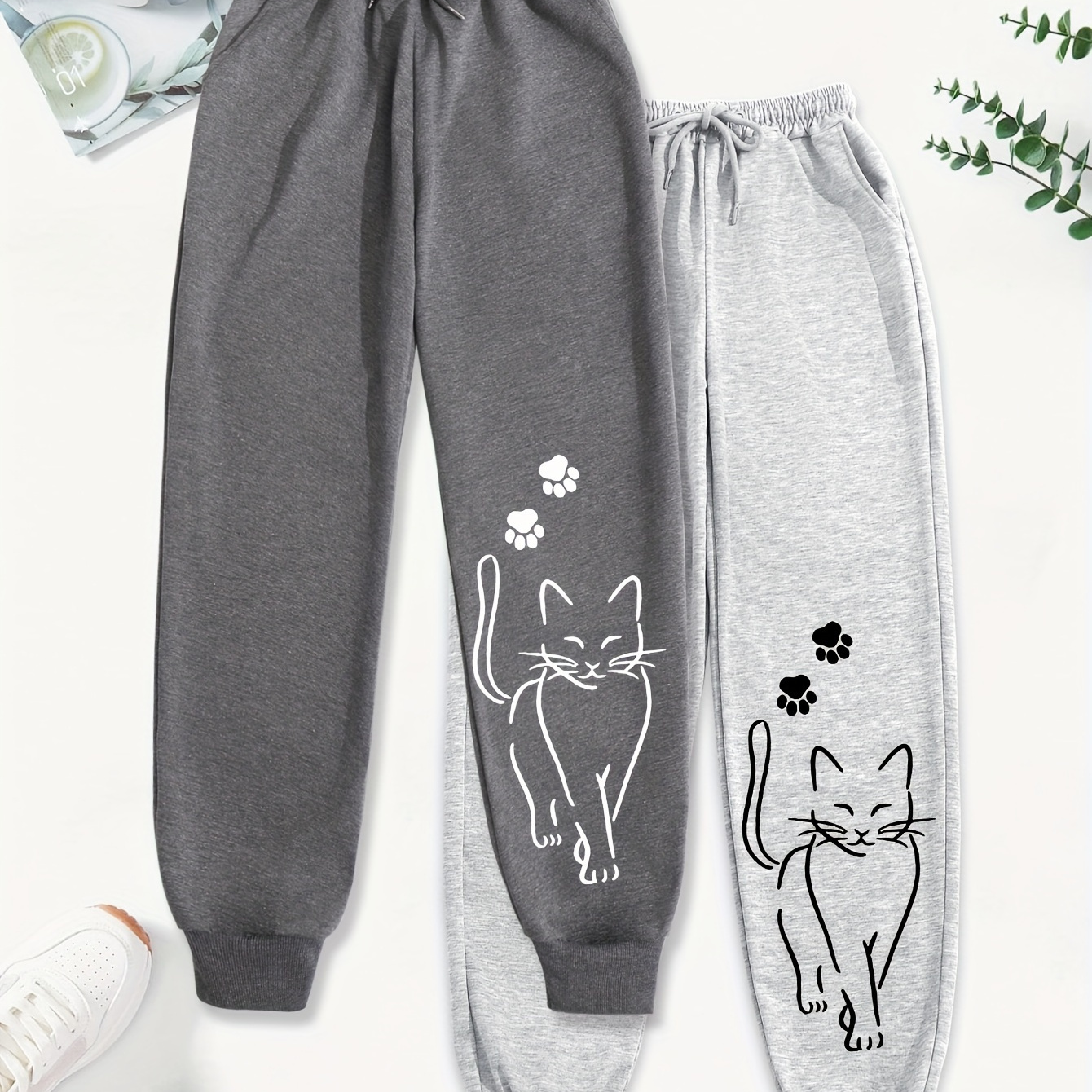 

2pcs WhimsyCat Femmes Pantalons de Jogging Décontractés à Cordon de Serrage, Tissu Tricoté en Polyester, Pantalon de Sport Toutes avec Motif Animal et Poches