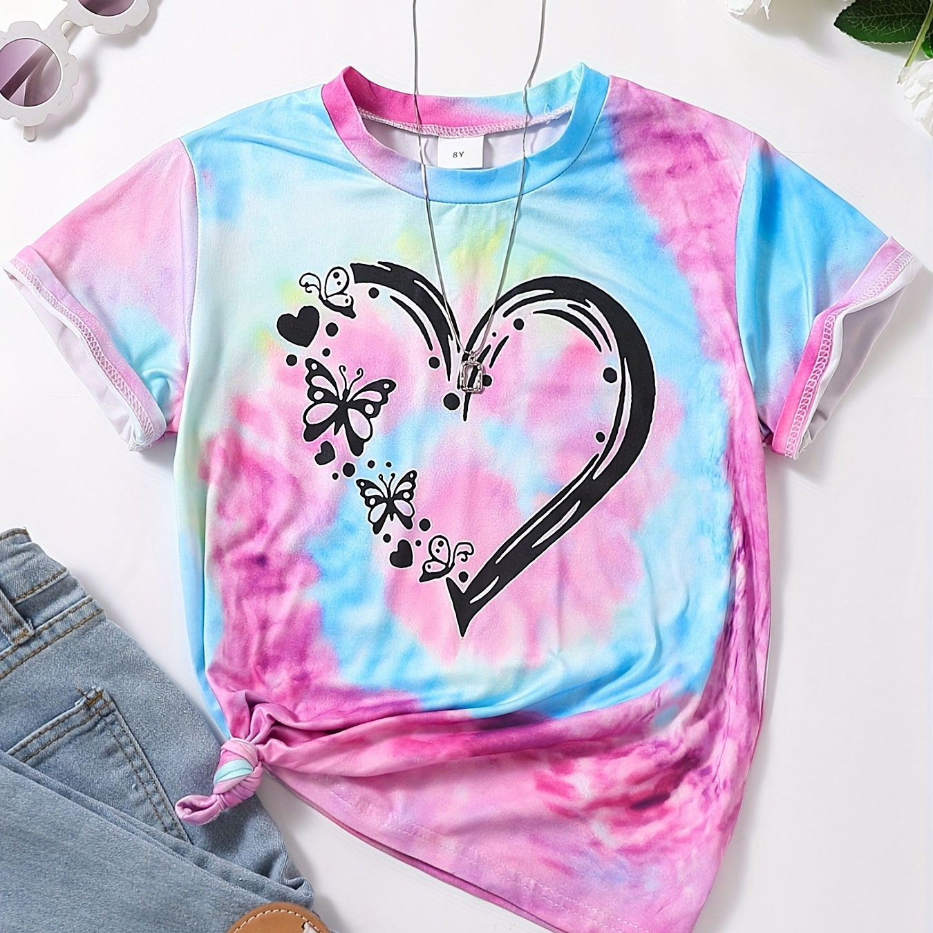 

Girls Heart And Butterfly Graphic Tie Dye T-shirt Casual Round Neck Tees Top Kids Summer Clothes