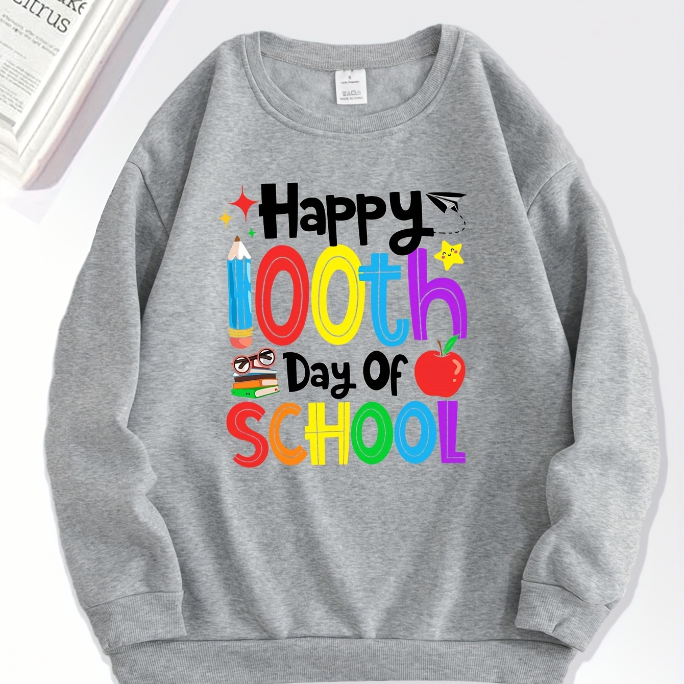 

100 Days Of School Print Sweatshirt, Casual Long Sleeve Crew Neck Sweatshirt, Women's Clothing