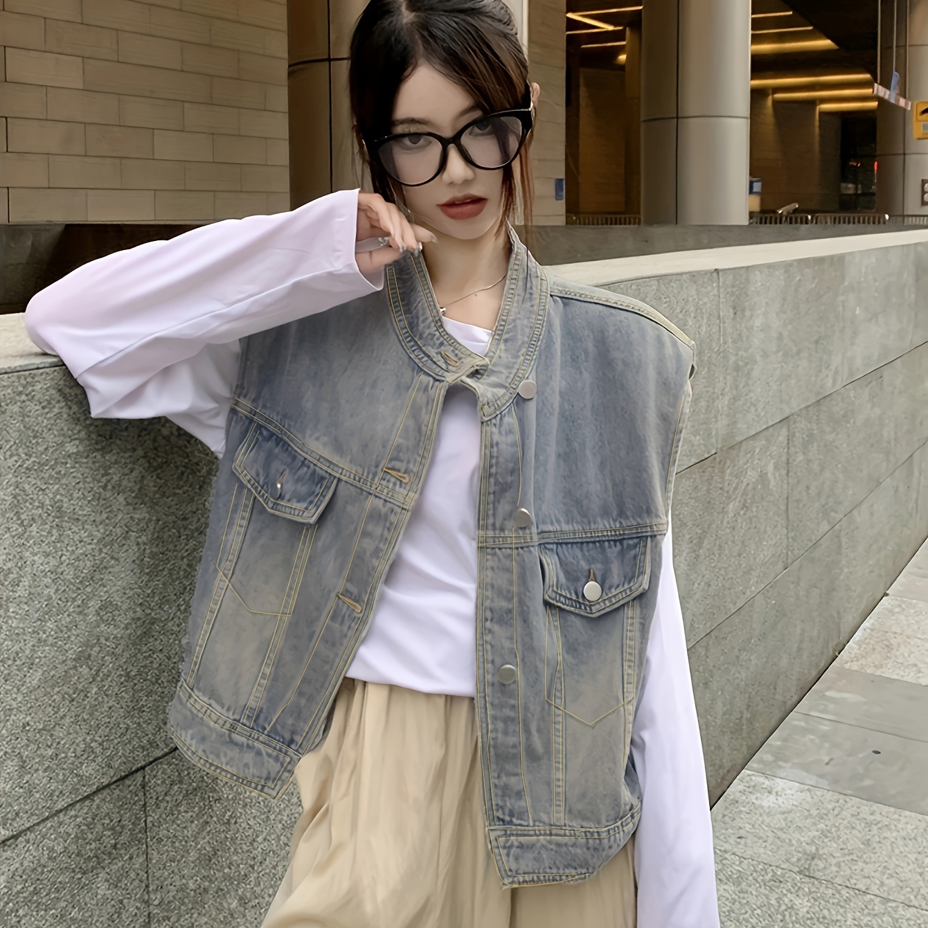 Temu Solid Color Denim Jacket, Jean Jacket, Women's Flap Pocket Sleeveless Shoulder Pads Denim Vest Women's Denim Women's Denim Clothing Denim Jacket