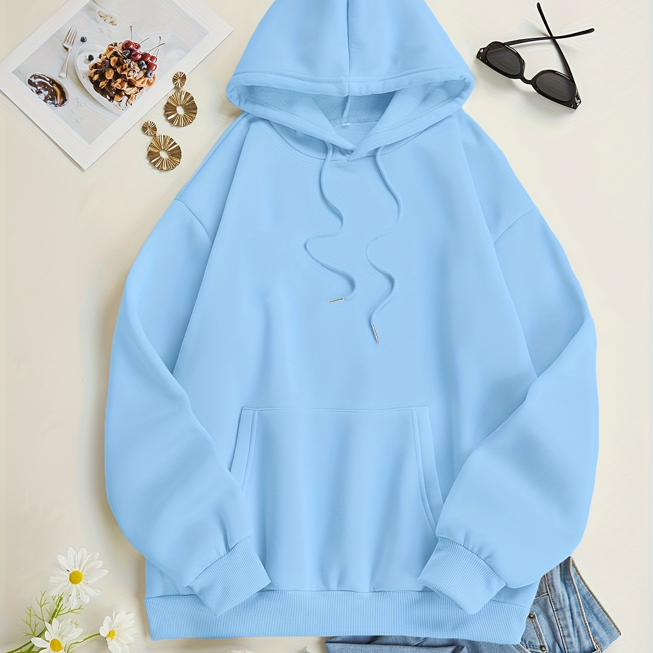 

Solid Kangaroo Pocket Hoodie, Casual Long Sleeve Drawstring Hoodies Sweatshirt, Women's Clothing