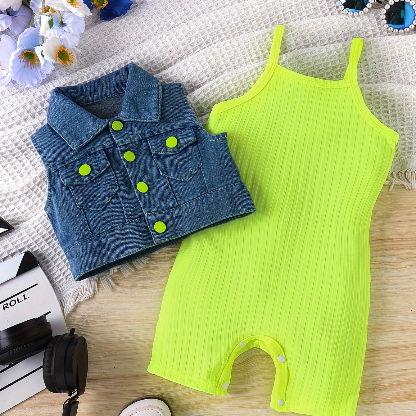 

Baby's Trendy Color Clash 2pcs Summer Outfit, Ribbed Cami Bodysuit & Denim Vest Set, Toddler & Infant Girl's Clothes For Daily/holiday, As Gift