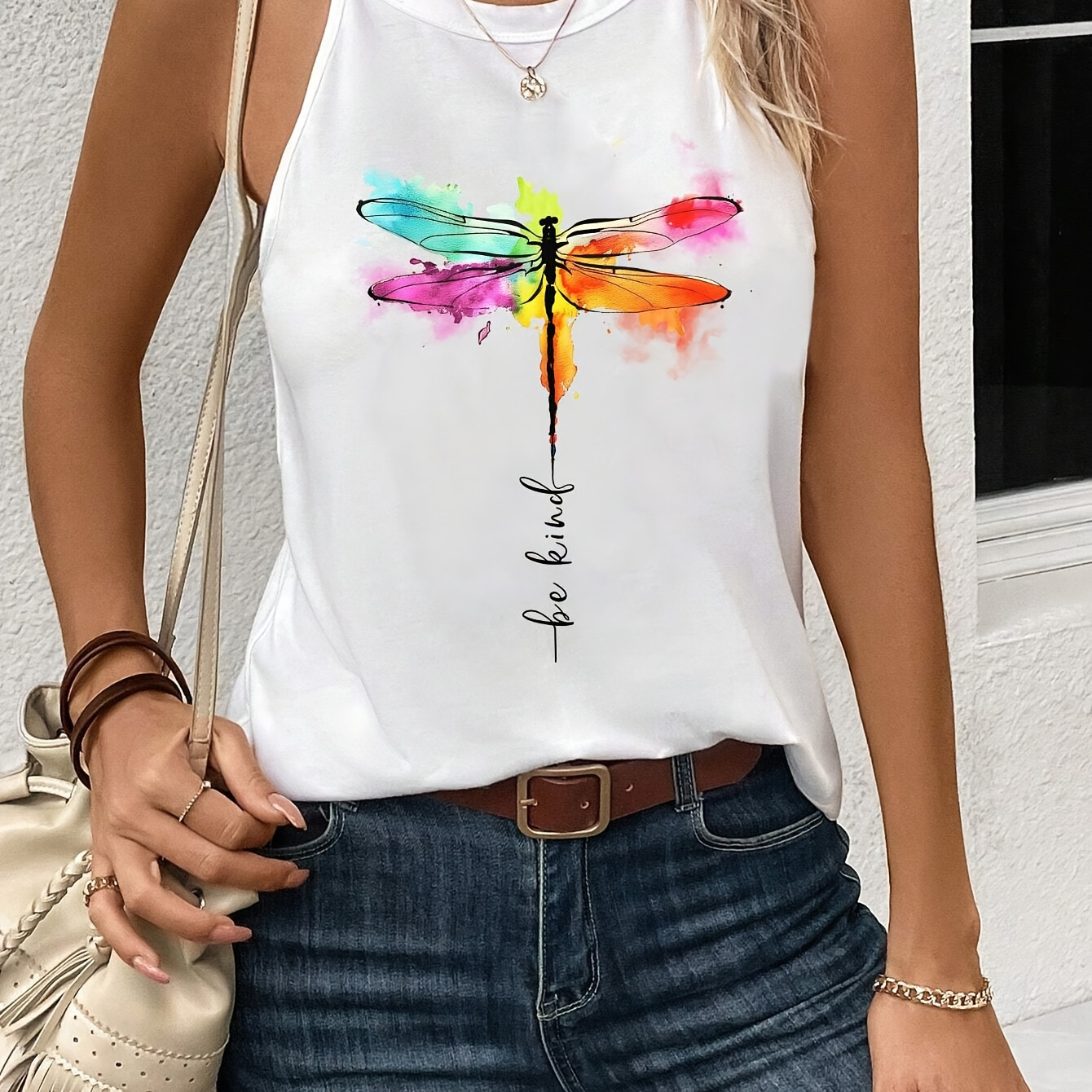 

Dragonfly Print Versatile Simple Tank Top, Casual Crew Neck Summer & Spring Sleeveless Top, Women's Clothing