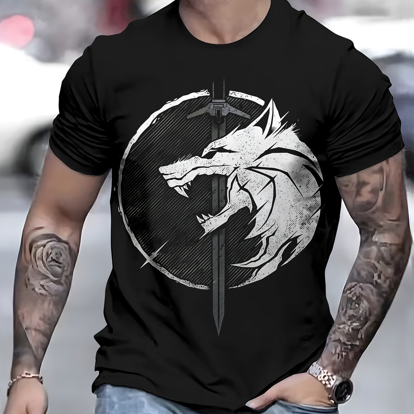 

Wolf Print T-shirt, Stylish And Breathable For Men, Simple Comfy Top, Casual Crew Neck Short Sleeve T-shirt For Summer